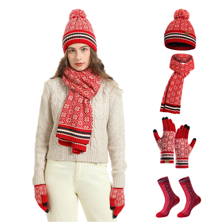 "Women 4 Pieces Winter Beanie Hat Scarf Touch Screen Gloves Warm Socks Set "